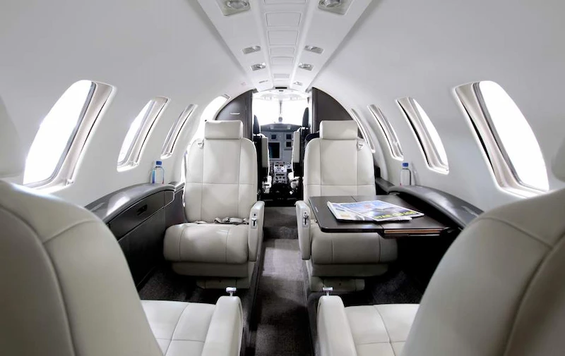 Cessna Citation CJ2+ luxury cabin interior with plush seating and premium finishes