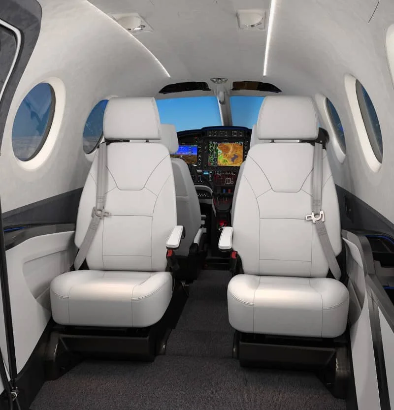 Luxury cabin interior of an Epic E1000 GX private aircraft for charter flights