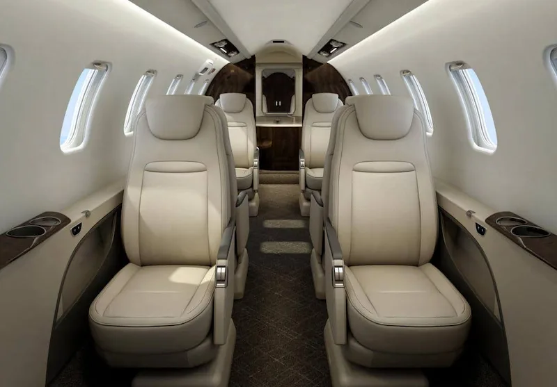 Bombardier Learjet 45XR luxury cabin interior with plush seating and premium finishes
