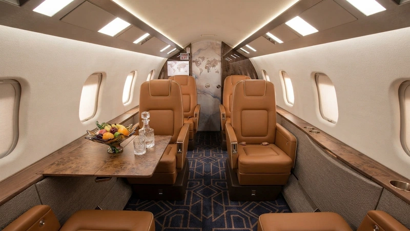 Bombardier Learjet 60 luxury cabin interior with plush seating and premium finishes