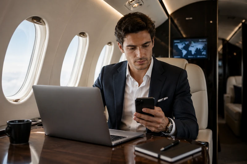 In-flight cabin Wi-Fi connectivity and satellite communications equipment inside a Hawker 800XP midsize jet