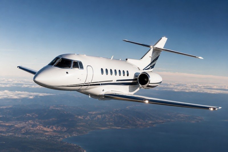 Spacious midsize jet cabin interior with club seating layout inside a Hawker 900XP business aircraft