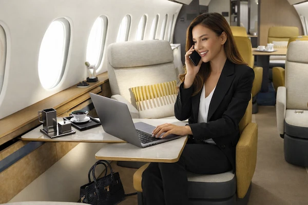 High-speed FalconConnect Ka-band inflight Wi-Fi and satellite communications inside a Dassault Falcon 8X private jet
