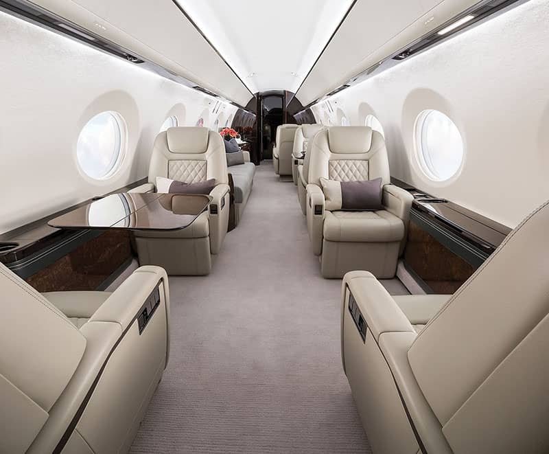 Gulfstream G550 luxury cabin interior with plush seating and premium finishes